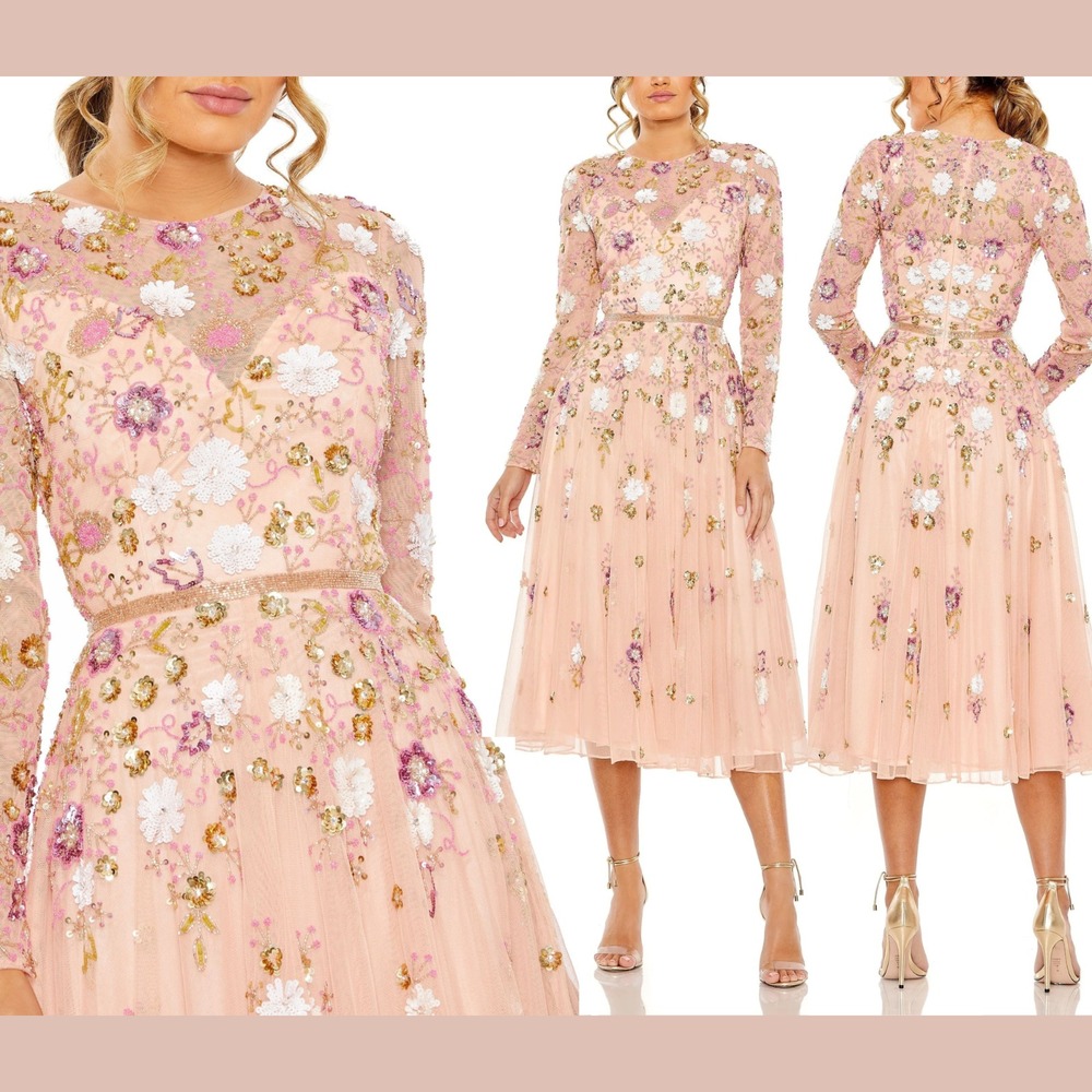 NWT Mac Duggal [ 4 ] 5716 Sequined Floral Long Sleeve High Neck Midi Dress S1911